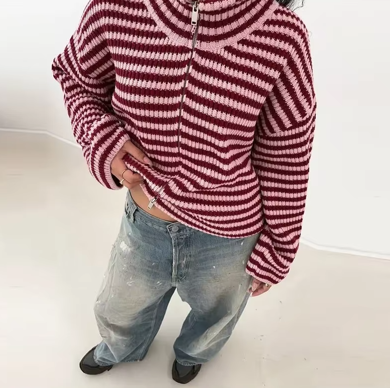 Women's Color-Block Striped Knit Sweater Turtleneck