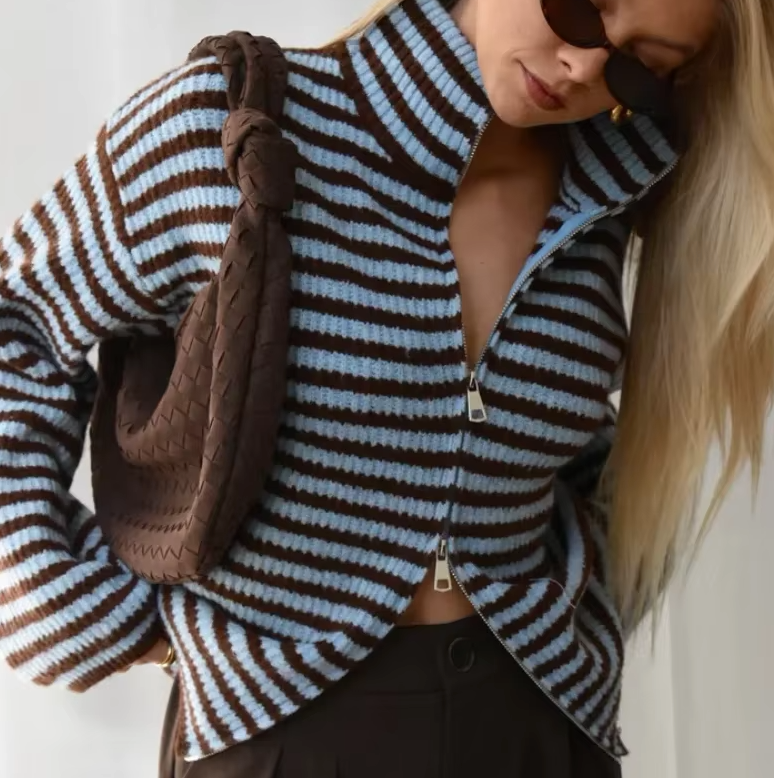 Women's Color-Block Striped Knit Sweater Turtleneck