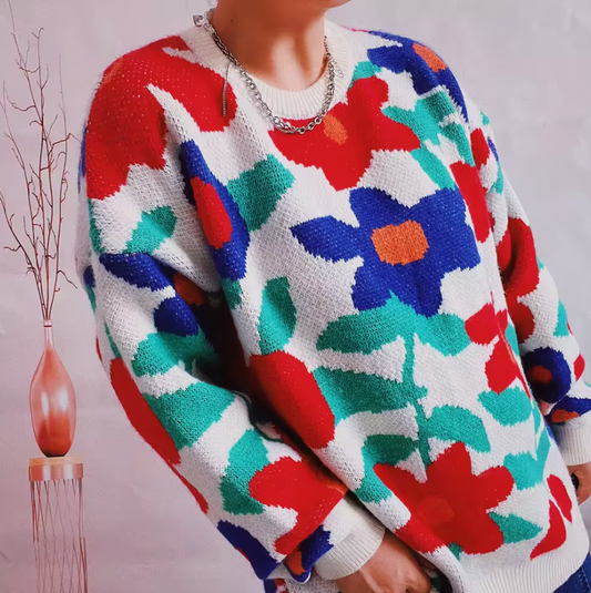 Retro Floral Oversized Jacquard Knit Sweater