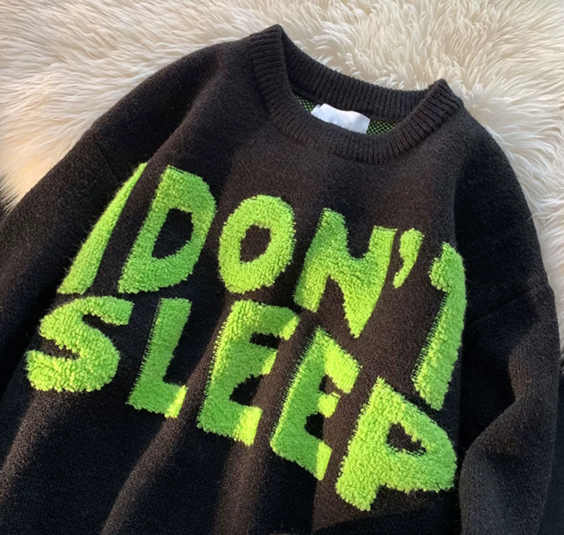"I Don't Sleep" Graphic Knit Sweater