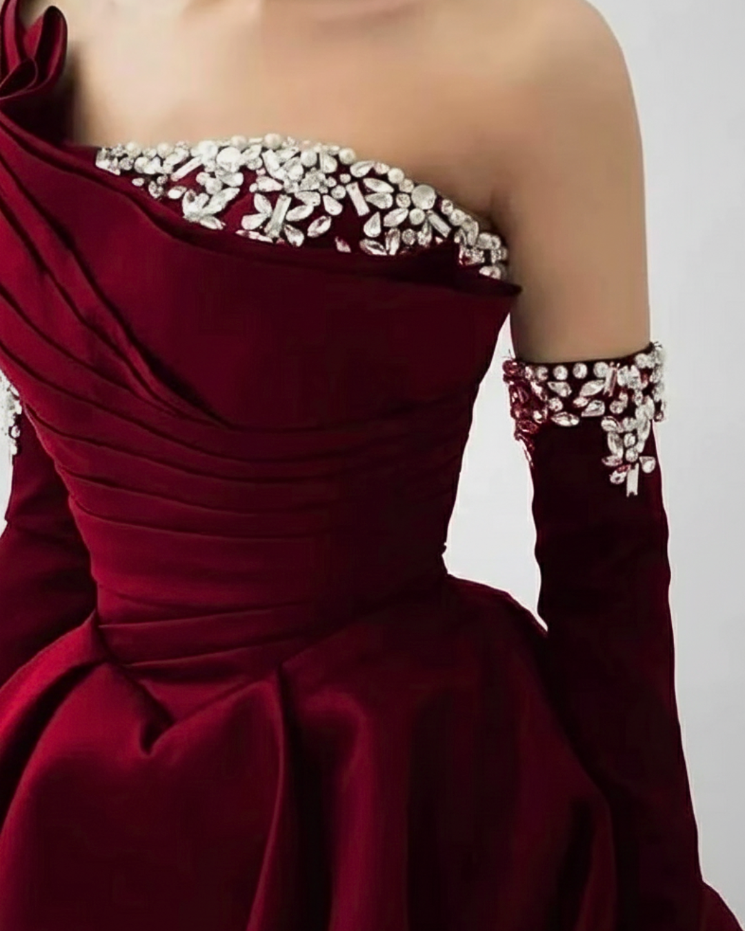 Regal Crimson One-Shoulder Embellished Satin Gown – Elegant Formal Wear
