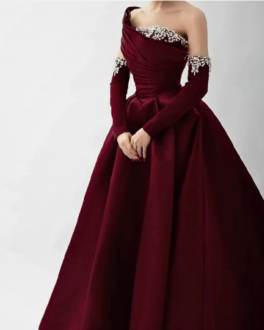 Regal Crimson One-Shoulder Embellished Satin Gown – Elegant Formal Wear