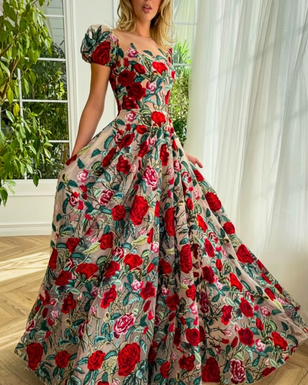 Enchanted Garden Floral Embroidered Tulle Gown – Romantic Puff Sleeve Dress