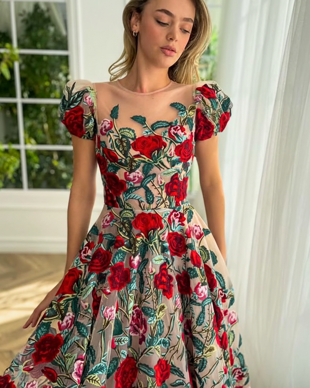 Enchanted Garden Floral Embroidered Tulle Gown – Romantic Puff Sleeve Dress