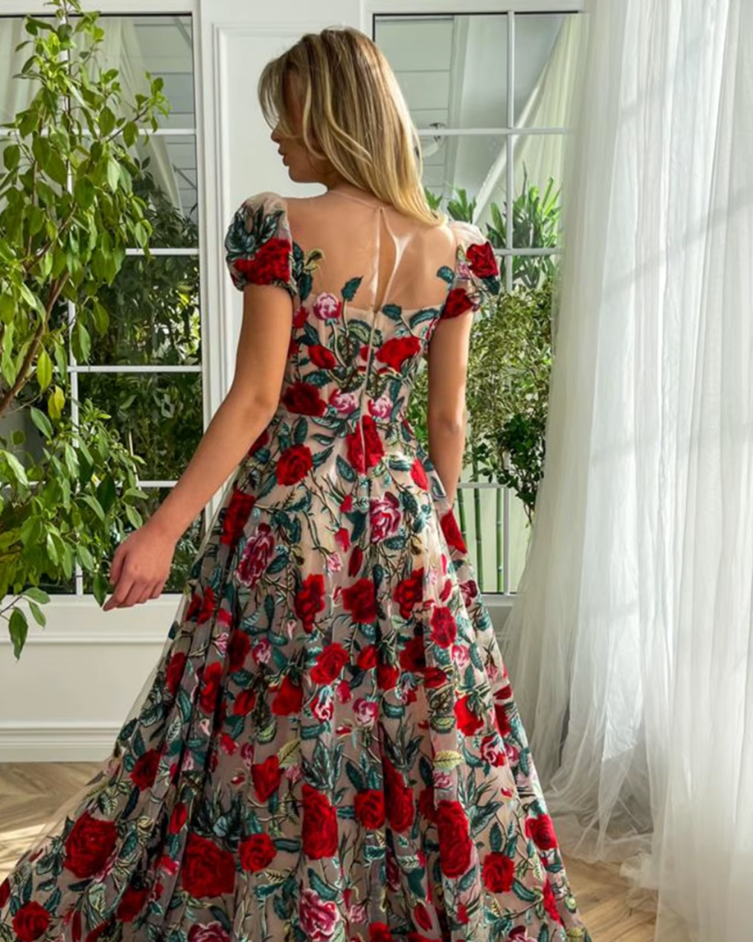 Enchanted Garden Floral Embroidered Tulle Gown – Romantic Puff Sleeve Dress