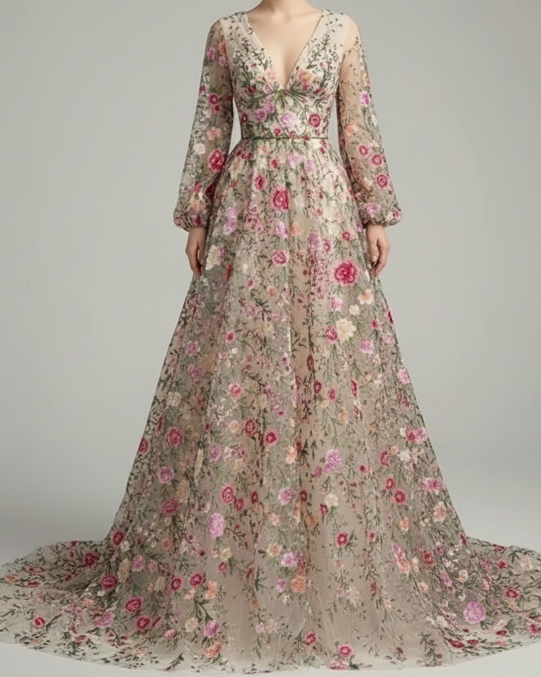 Whispering Petals Illusion Floral Embroidered Gown – Romantic Evening Dress