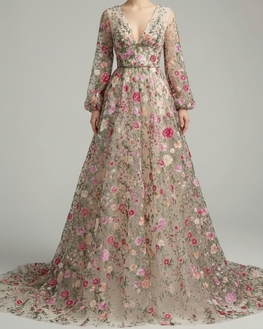 Whispering Petals Illusion Floral Embroidered Gown – Romantic Evening Dress