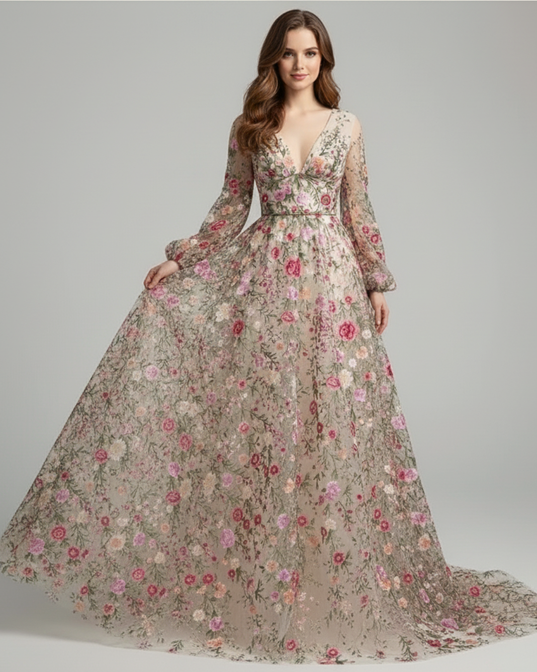 Whispering Petals Illusion Floral Embroidered Gown – Romantic Evening Dress