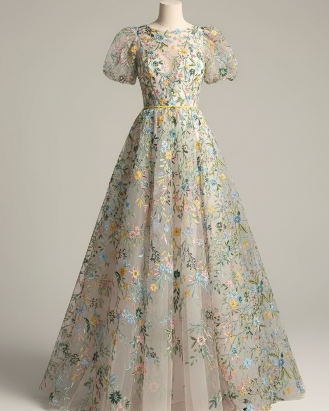 Meadow Serenade Multi-Color Floral Embroidered Gown – Whimsical Puff Sleeve Dress