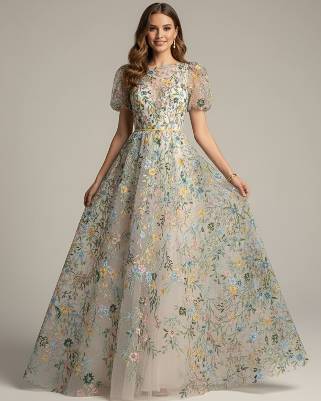 Meadow Serenade Multi-Color Floral Embroidered Gown – Whimsical Puff Sleeve Dress