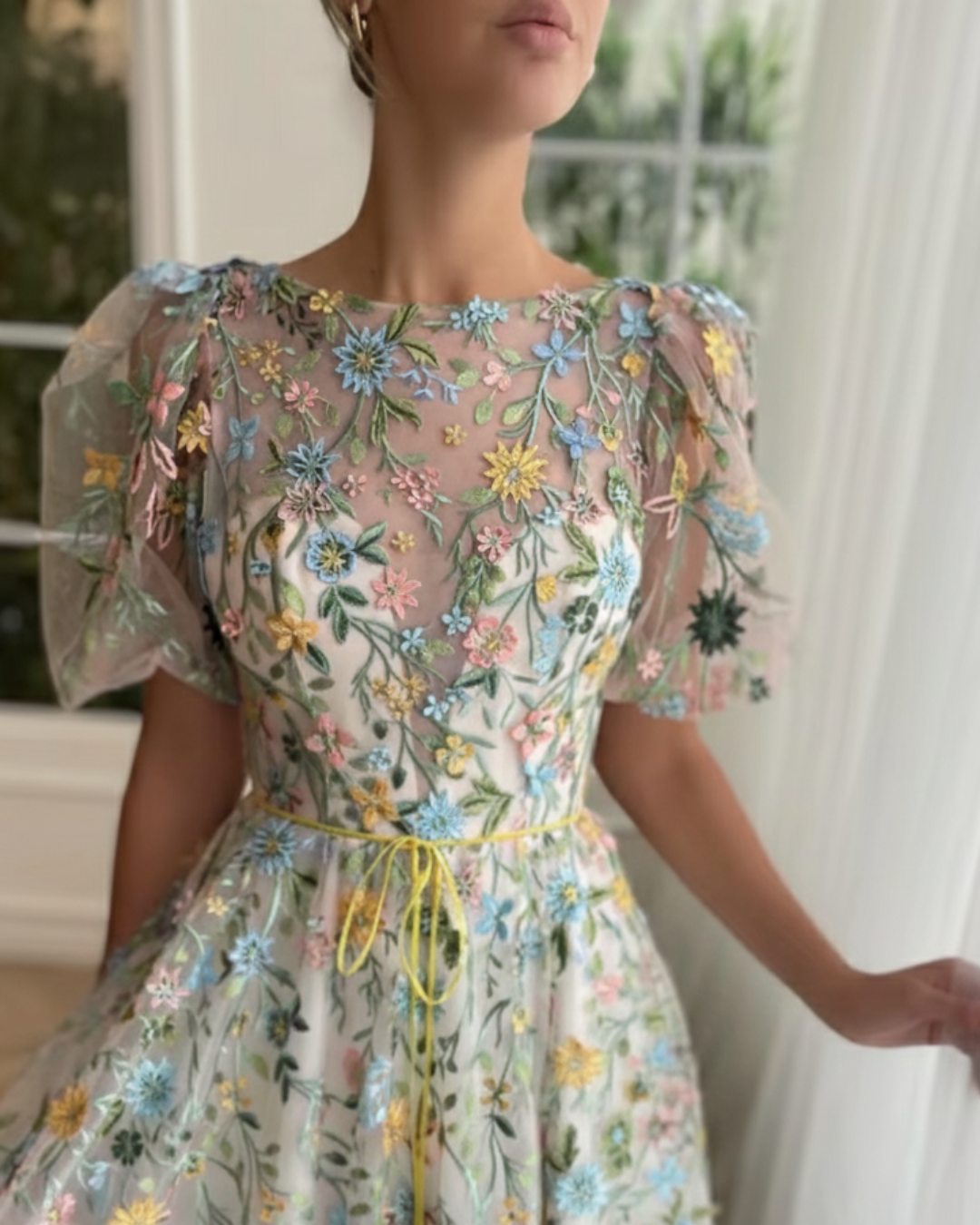 Meadow Serenade Multi-Color Floral Embroidered Gown – Whimsical Puff Sleeve Dress