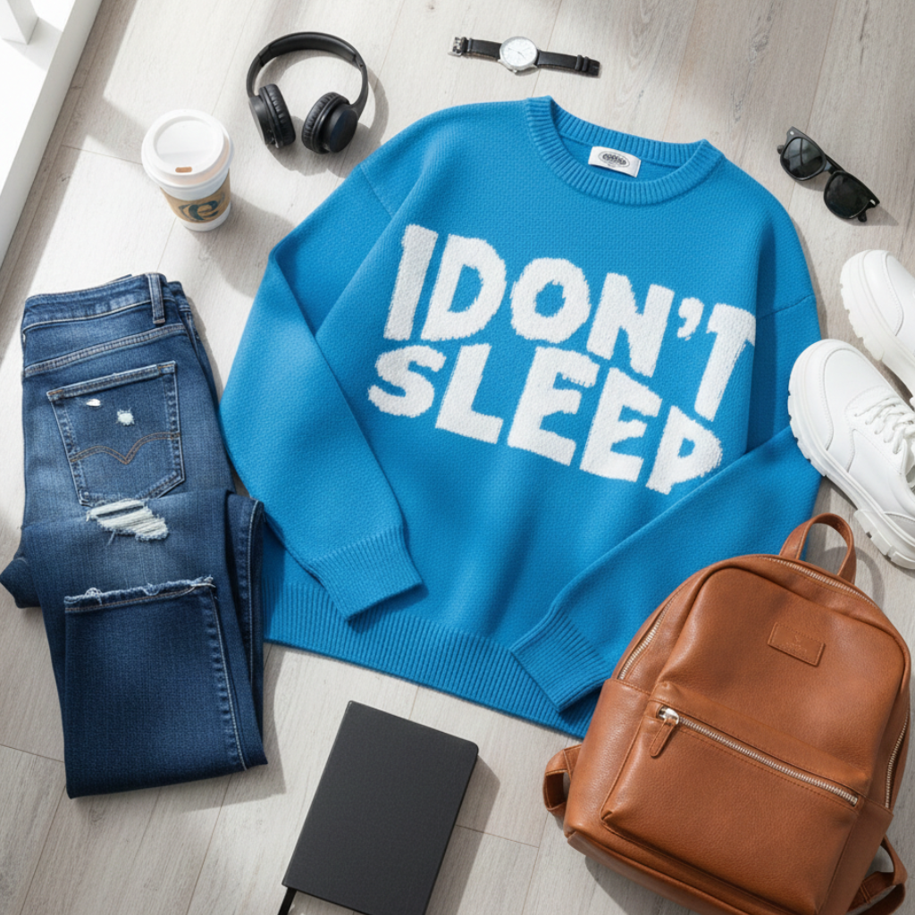 "I Don't Sleep" Graphic Knit Sweater