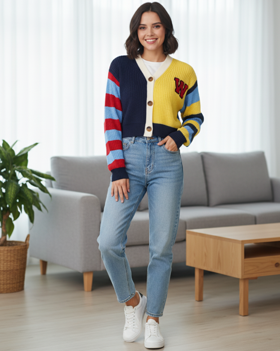 Colorful Patchwork Street Trend Hipster Knit Coat