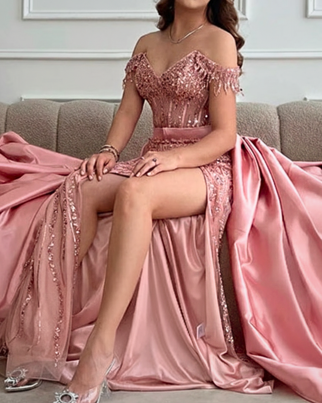 Sequin & Satin Off-Shoulder Gown – Elegant Formal Dress