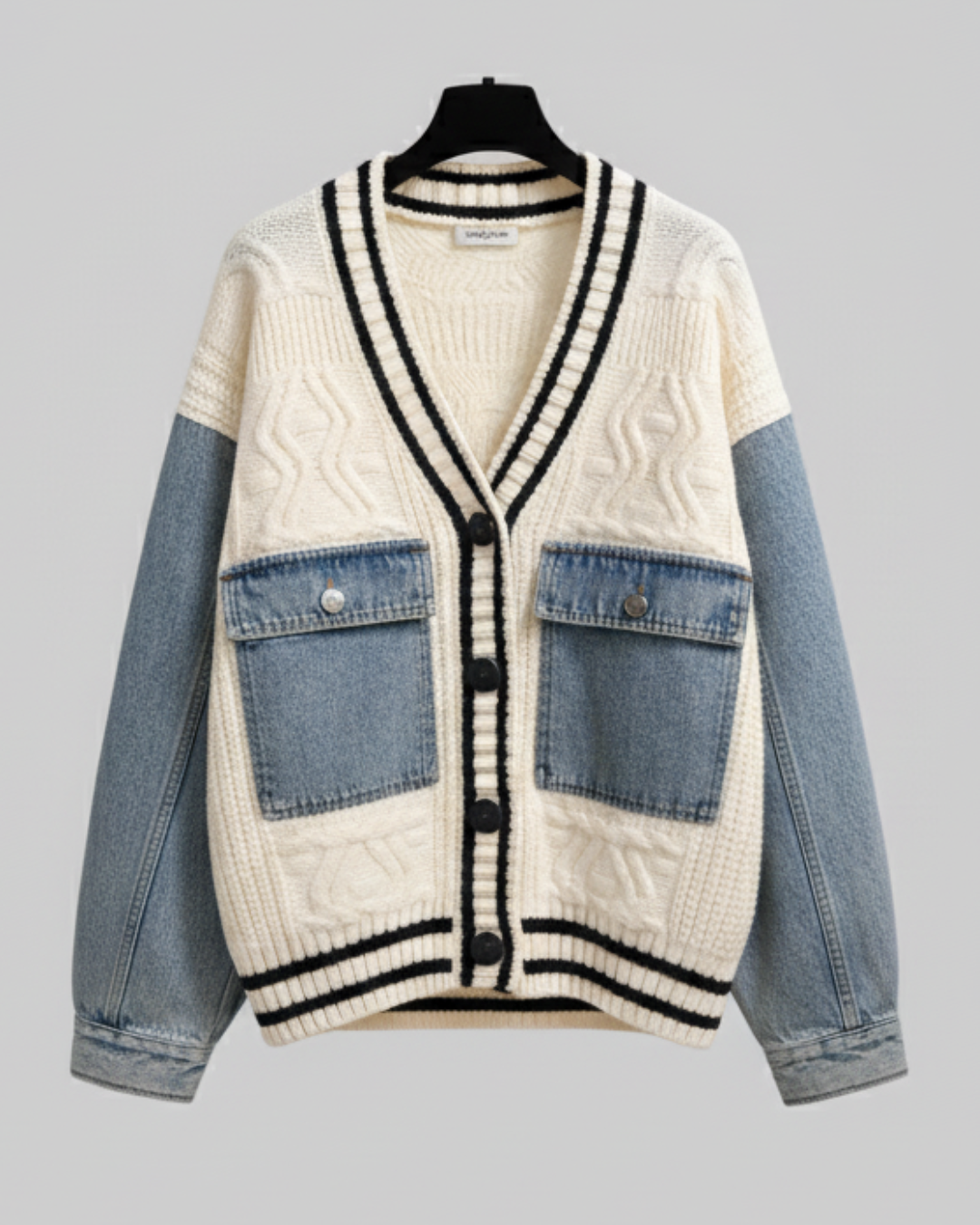 Chic Denim & Knit Patchwork Cardigan