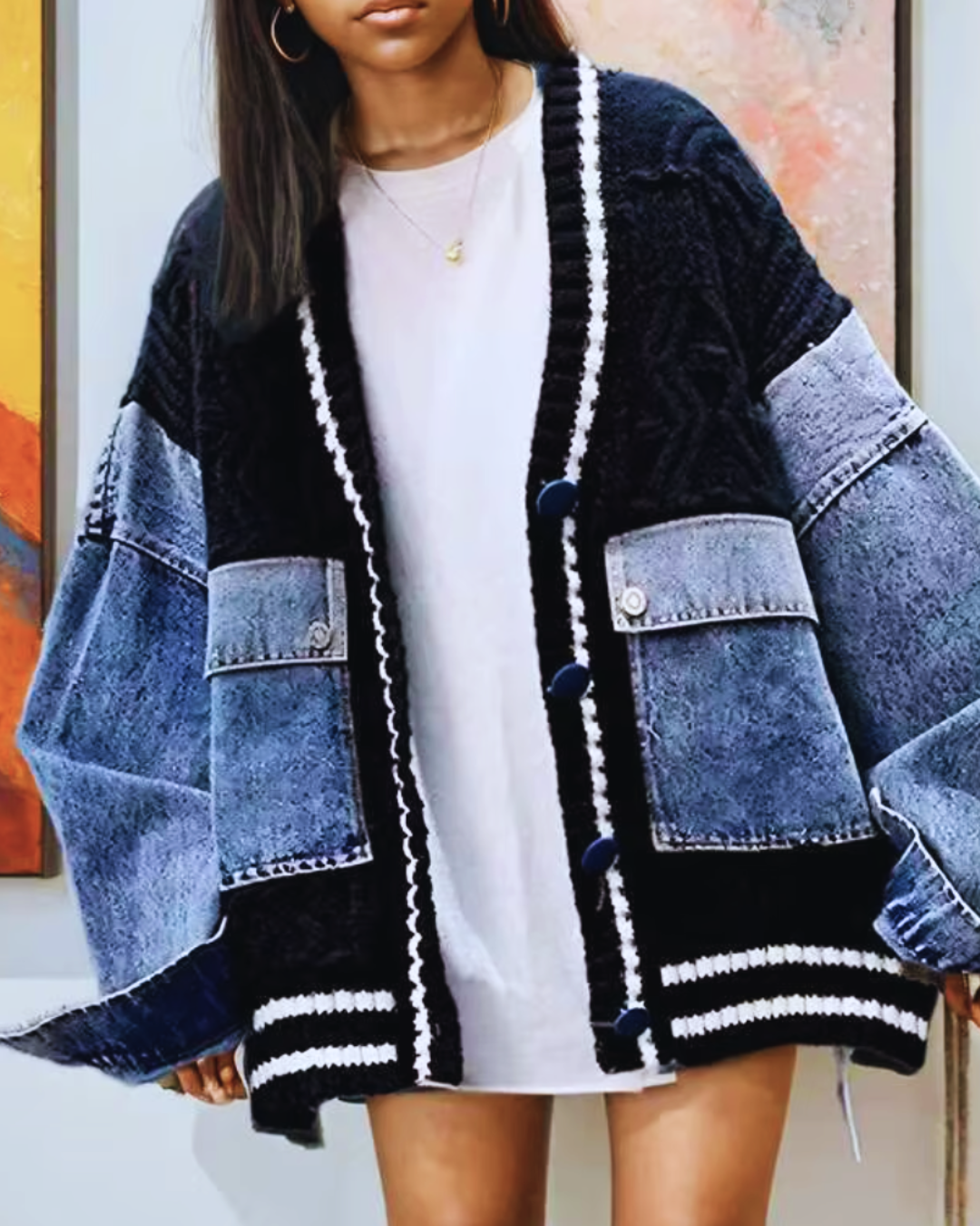 Chic Denim & Knit Patchwork Cardigan