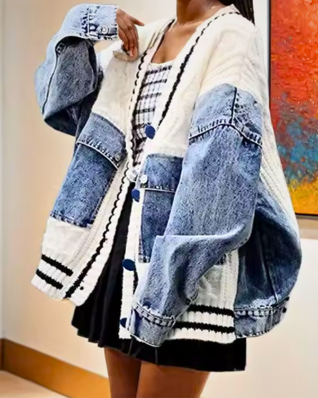 Chic Denim & Knit Patchwork Cardigan