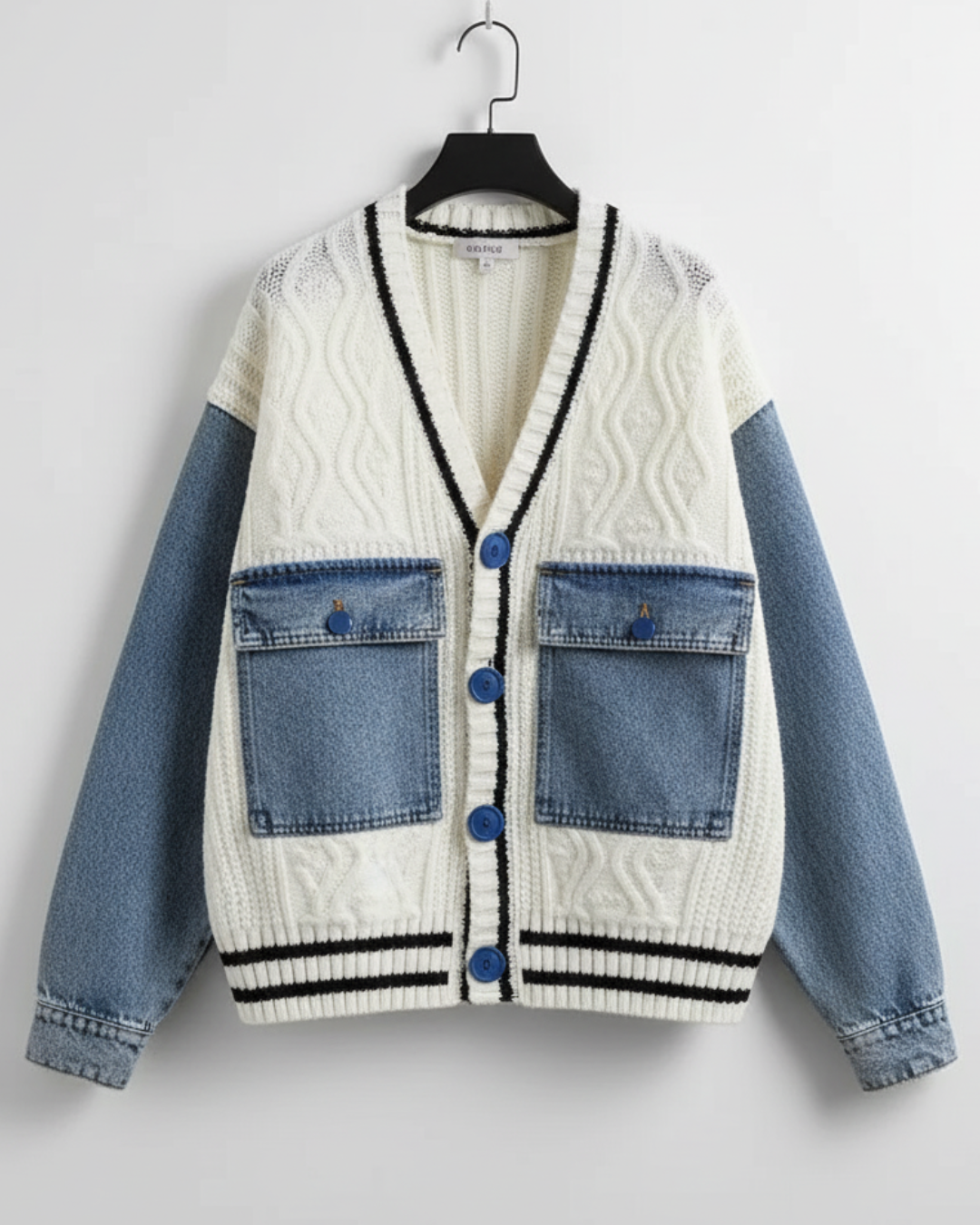 Chic Denim & Knit Patchwork Cardigan