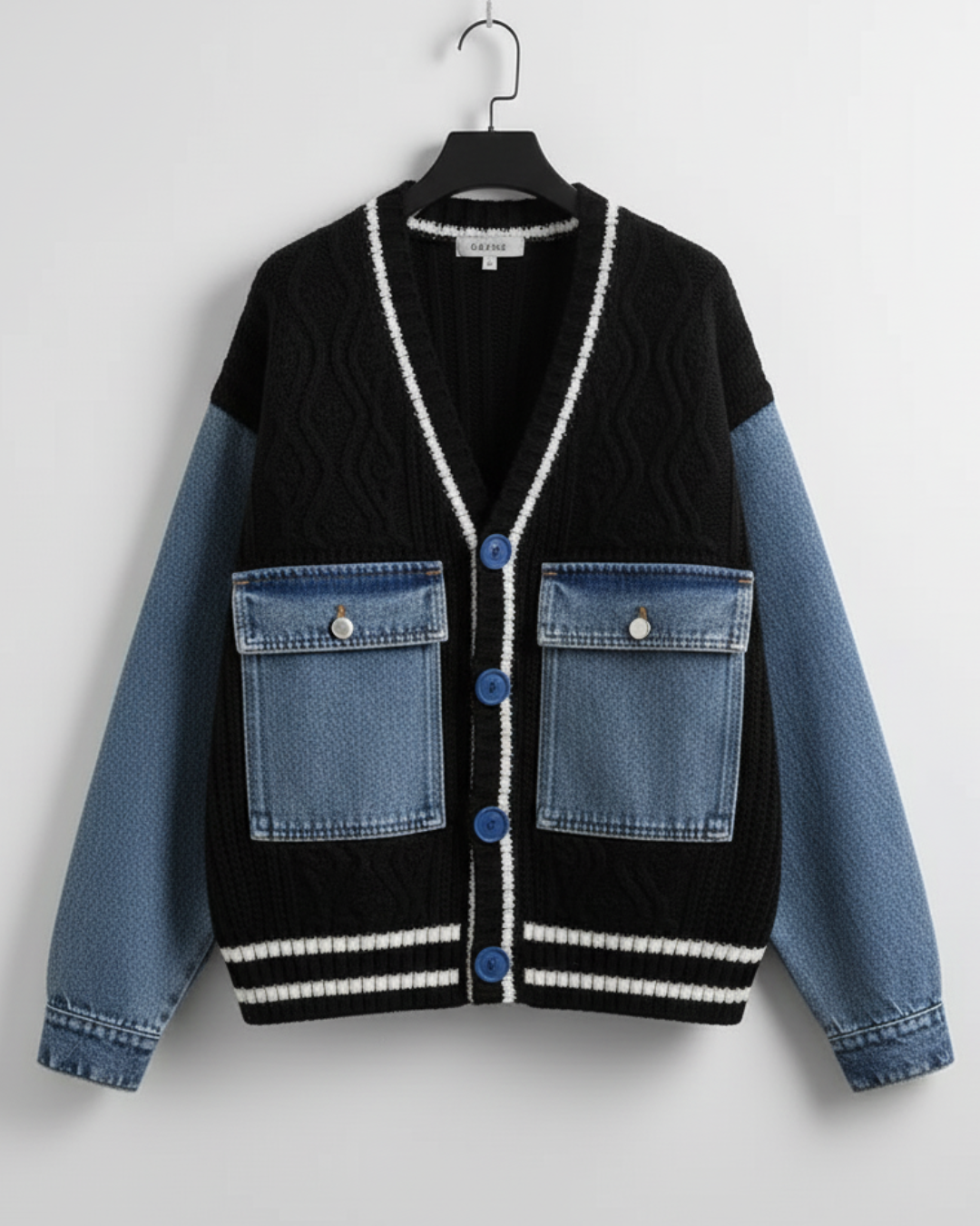 Chic Denim & Knit Patchwork Cardigan