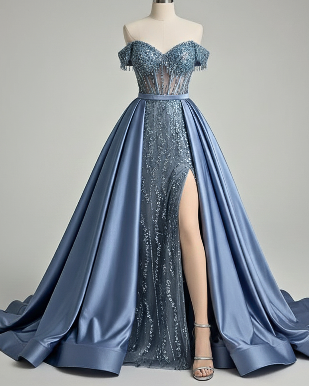 Sequin & Satin Off-Shoulder Gown – Elegant Formal Dress