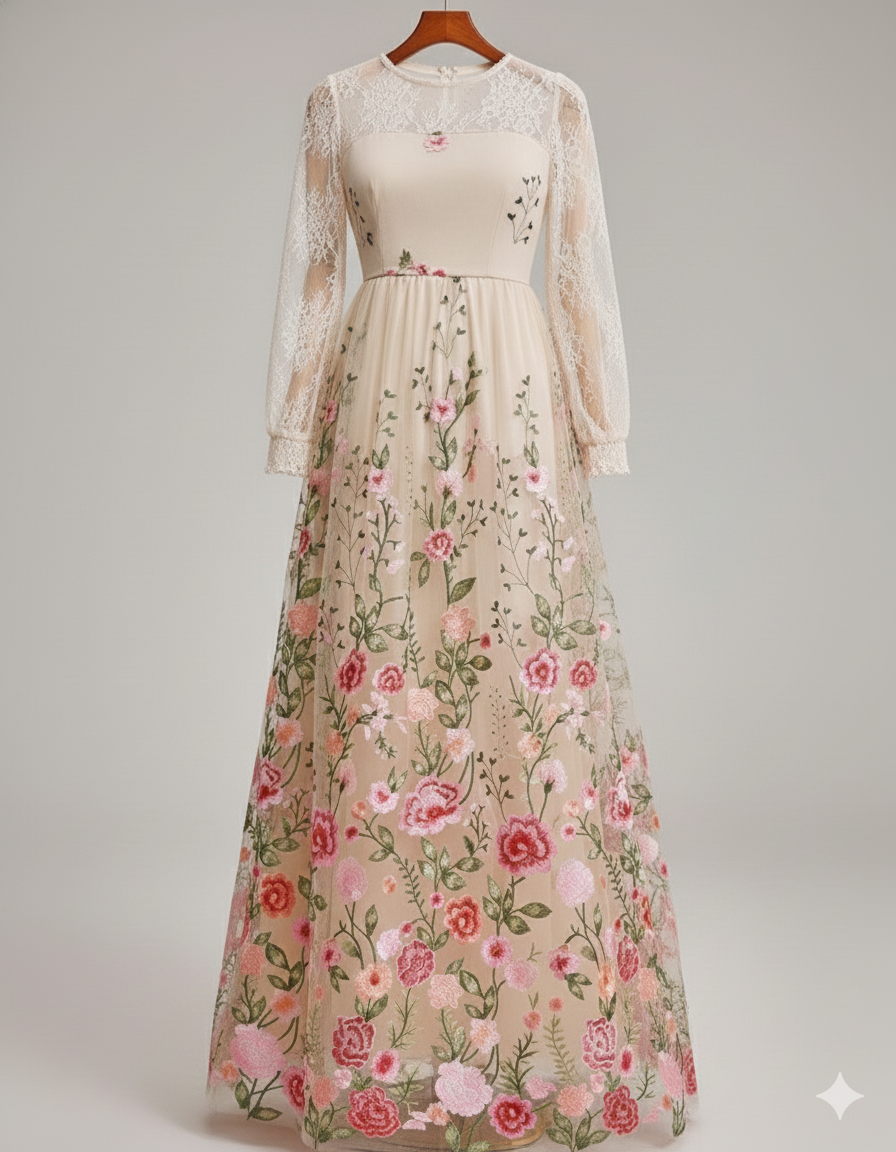Vintage Floral Embroidery Lace Maxi Dress - Champagne & Rose