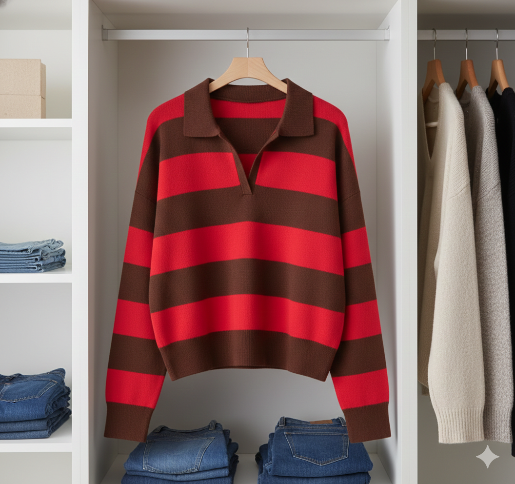 Retro Striped Polo Knit Sweater