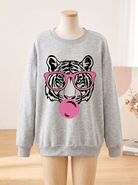 Women's cartoon tiger print hoodie pullover