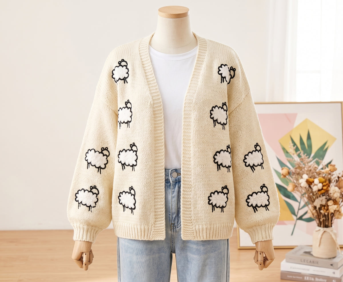 Embroidery Sheep Print Women Cardigan Long Sleeve V-neck