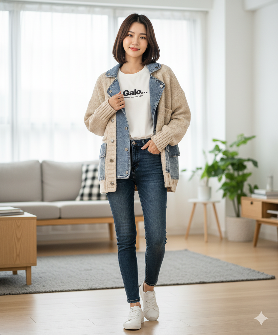 Denim-Knit Hybrid Cardigan