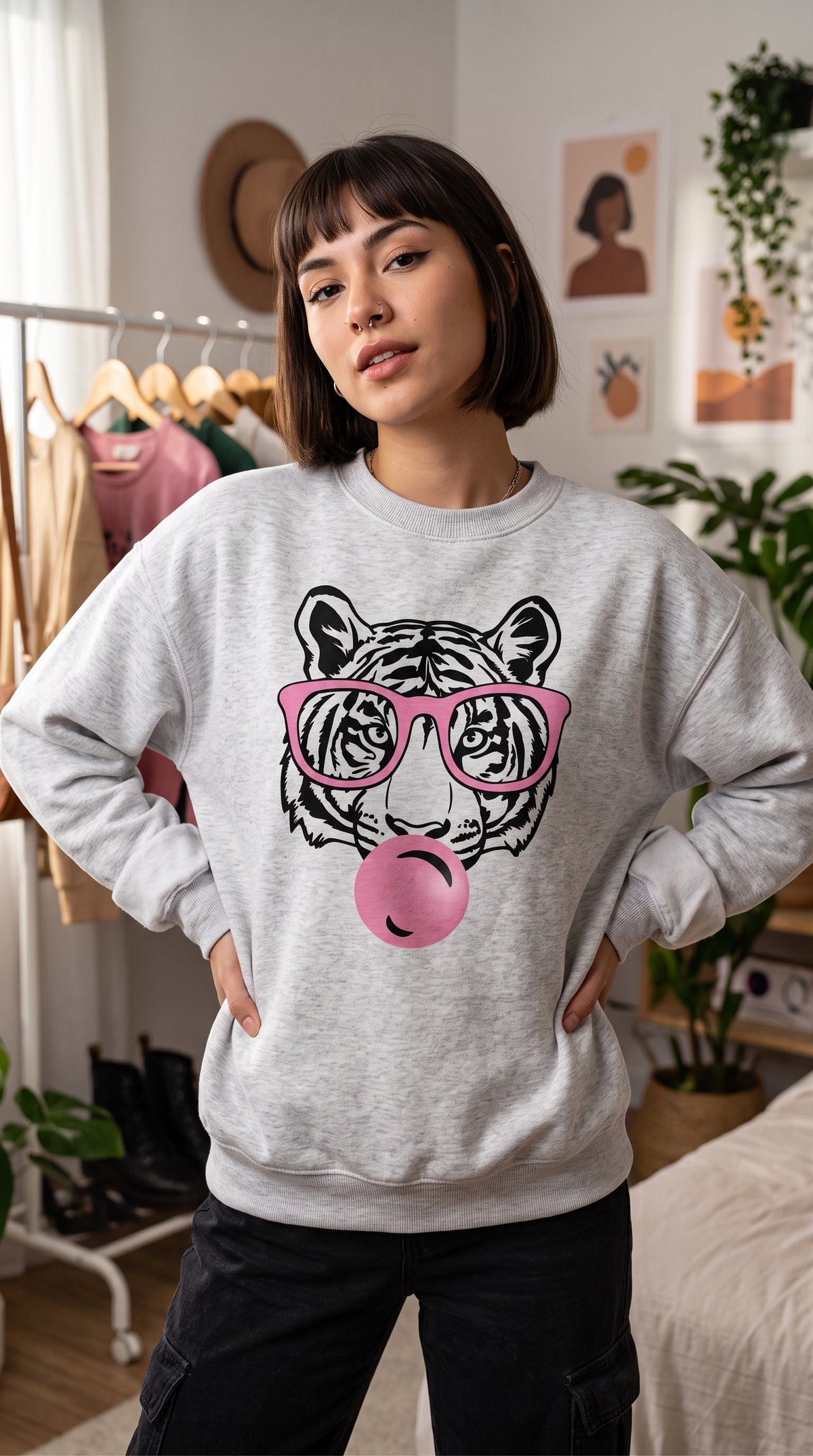 Tiger Print Round Neck Hoodie
