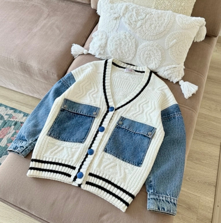 Chic Denim & Knit Patchwork Cardigan