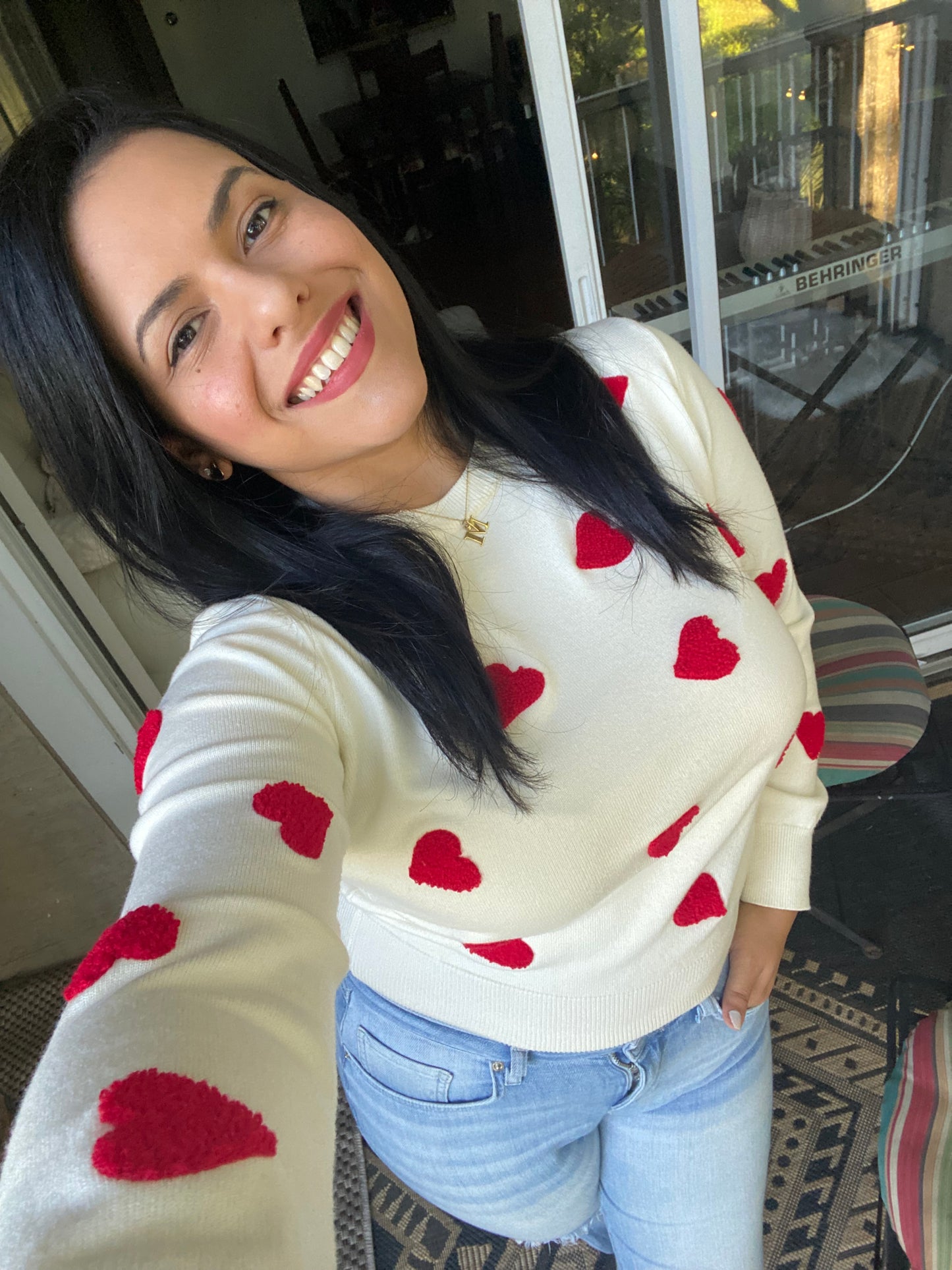 Sweetheart Chenille Pom-Pom Knit Sweater in Cream