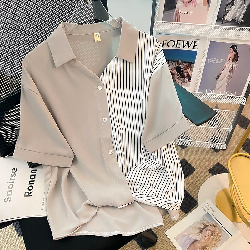 Blouse Short Sleeve Striped Splice