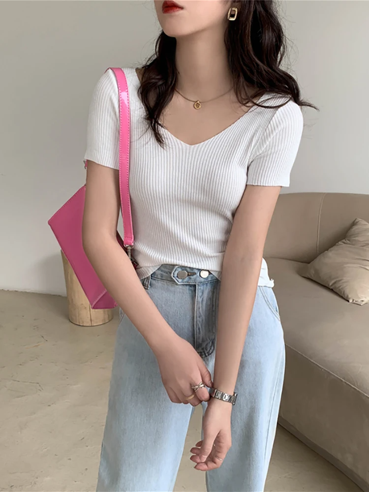 Basic V-neck Solid Thin Summer Pullover Women