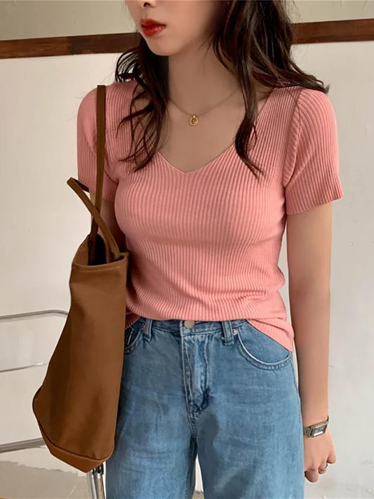 Basic V-neck Solid Thin Summer Pullover Women