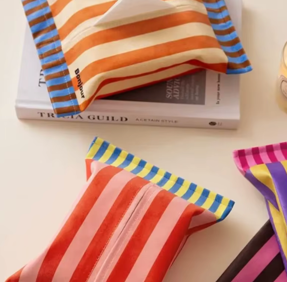 Bonjour Striped Fabric Tissue Box Cover