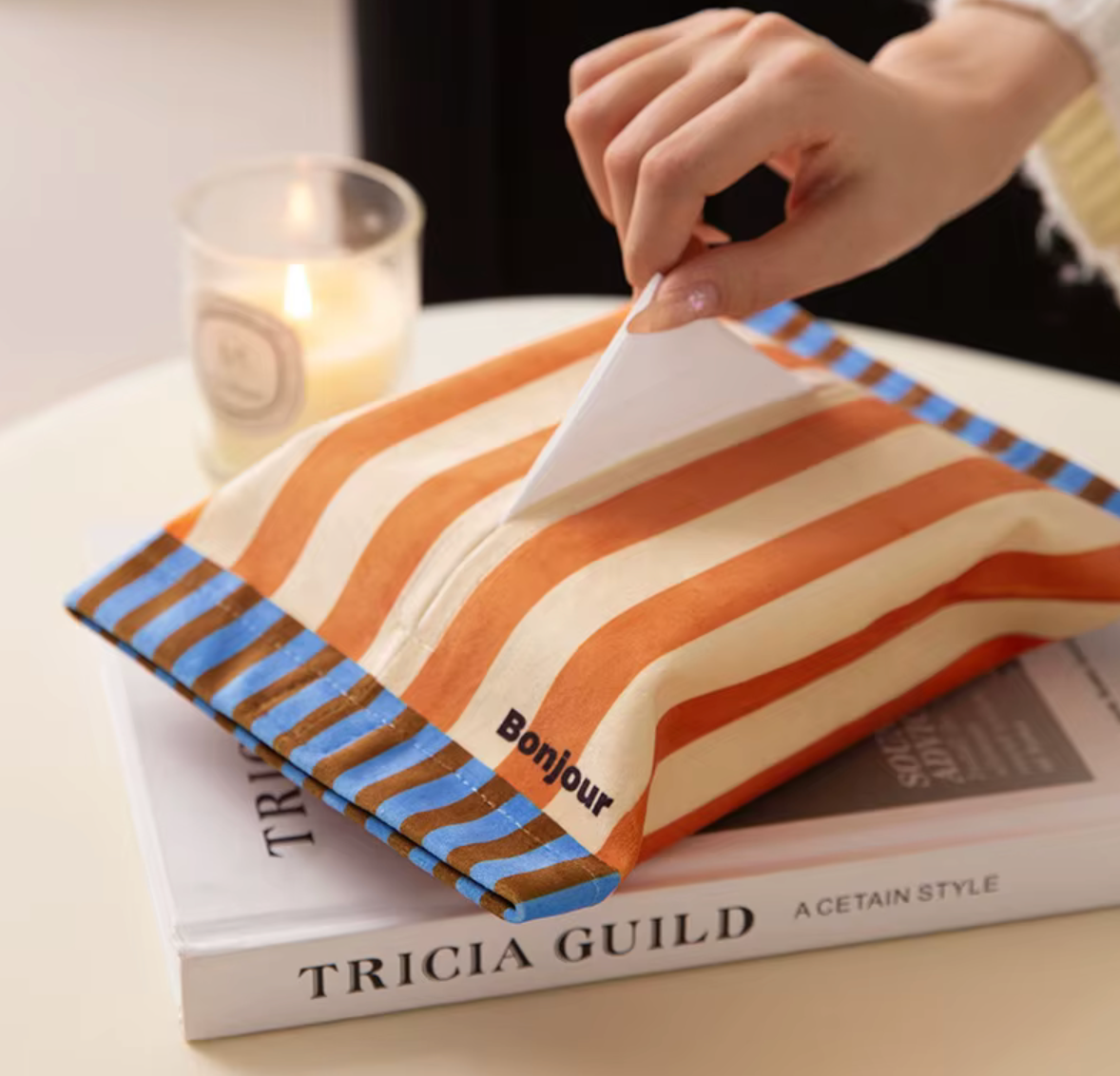 Bonjour Striped Fabric Tissue Box Cover