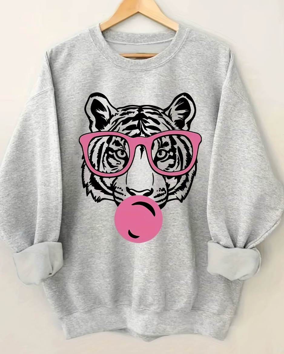 Women's cartoon tiger print hoodie pullover