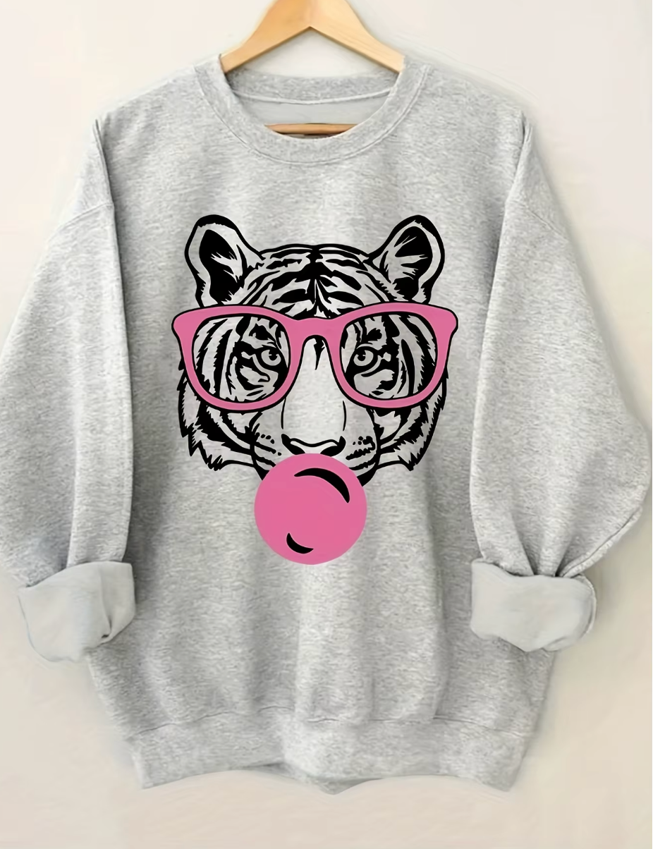 Tiger Print Round Neck Hoodie