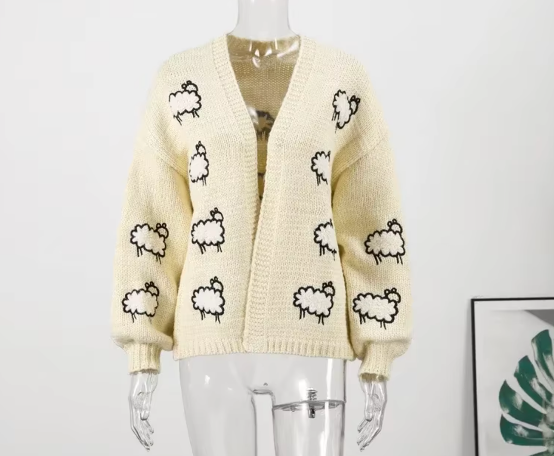 Embroidery Sheep Print Women Cardigan Long Sleeve V-neck