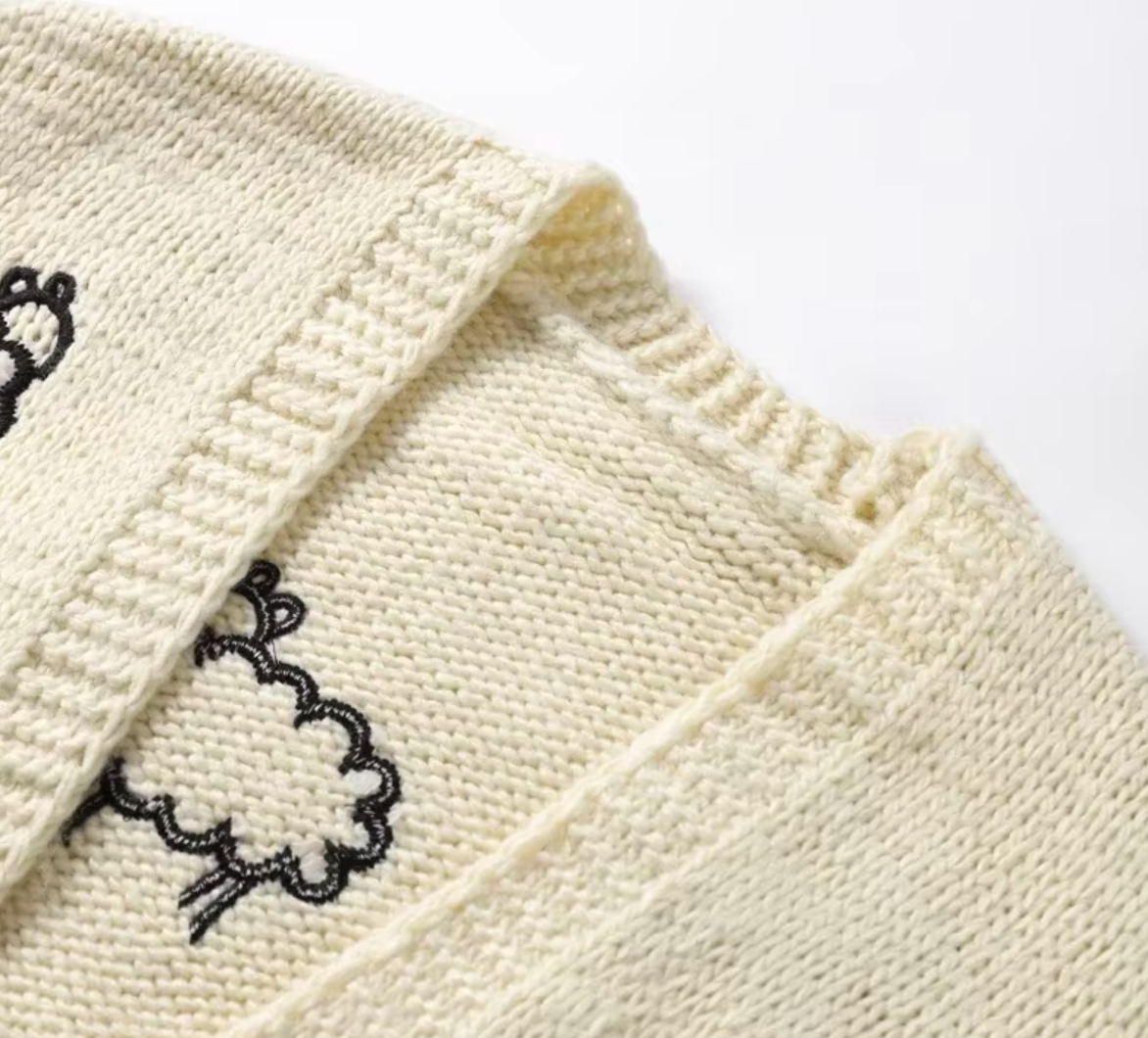 Embroidery Sheep Print Women Cardigan Long Sleeve V-neck