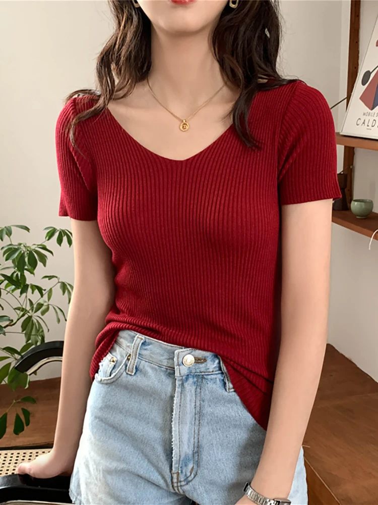 Basic V-neck Solid Thin Summer Pullover Women