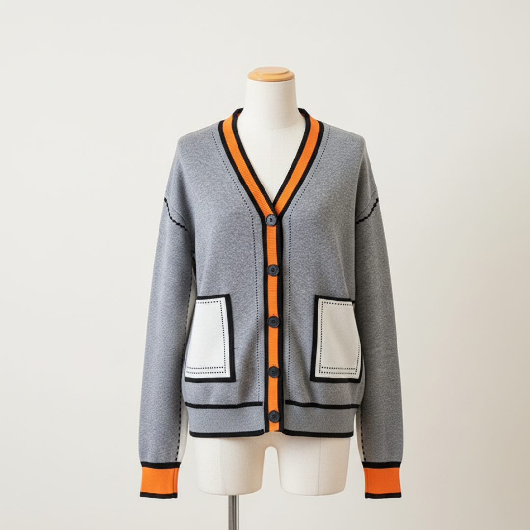 Sophisticated Gray & Orange Contrast Cardigan
