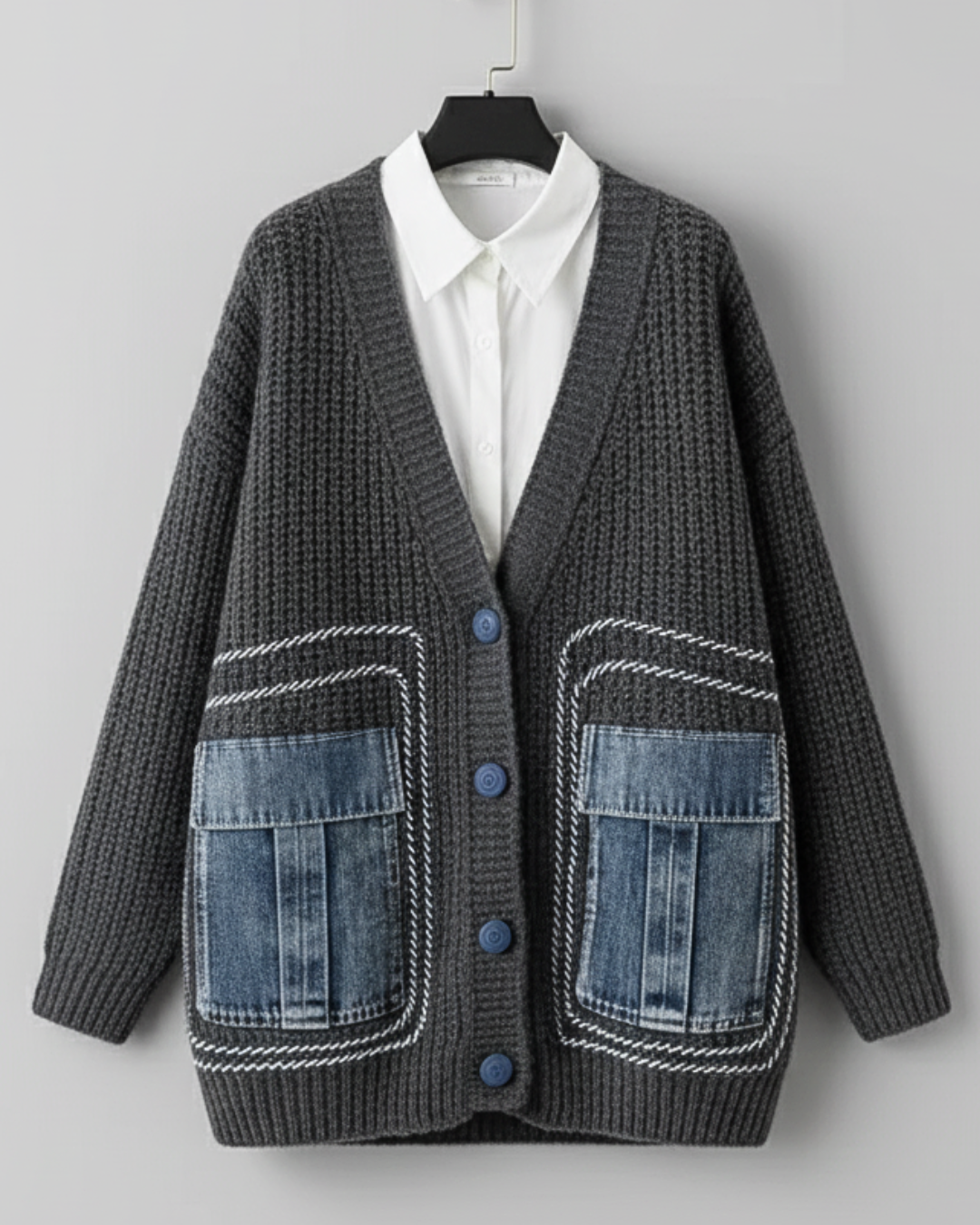 Knit Cardigan with Contrast Denim Pockets