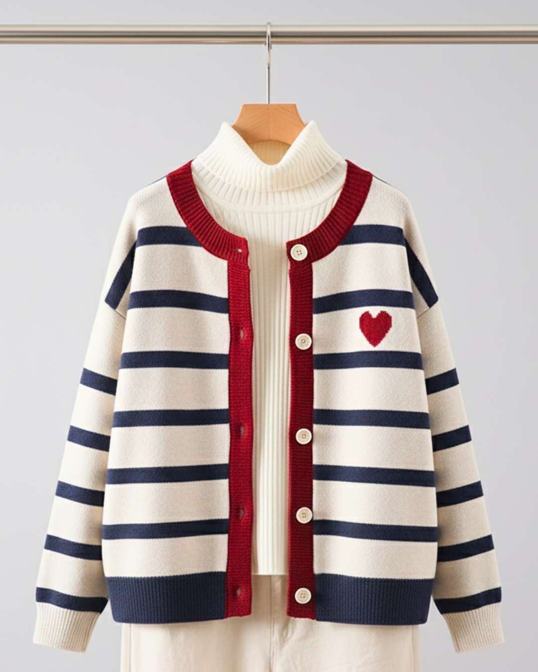 New Stripes Color Matching Button Round Neck