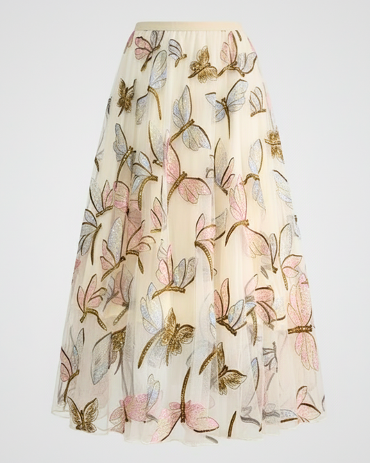 Sequin Mesh Embroidery Dragonfly Long Skirt