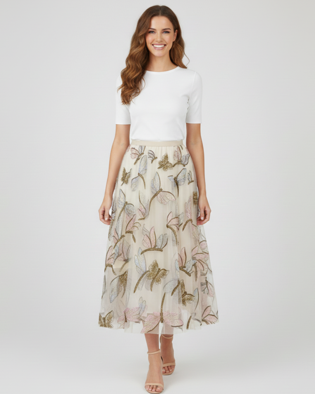 Sequin Mesh Embroidery Dragonfly Long Skirt