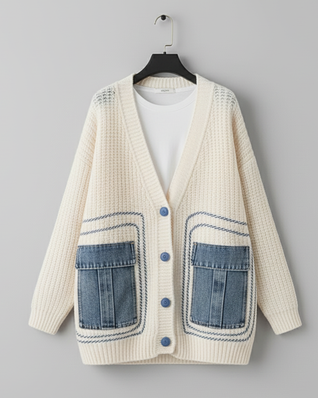 Knit Cardigan with Contrast Denim Pockets